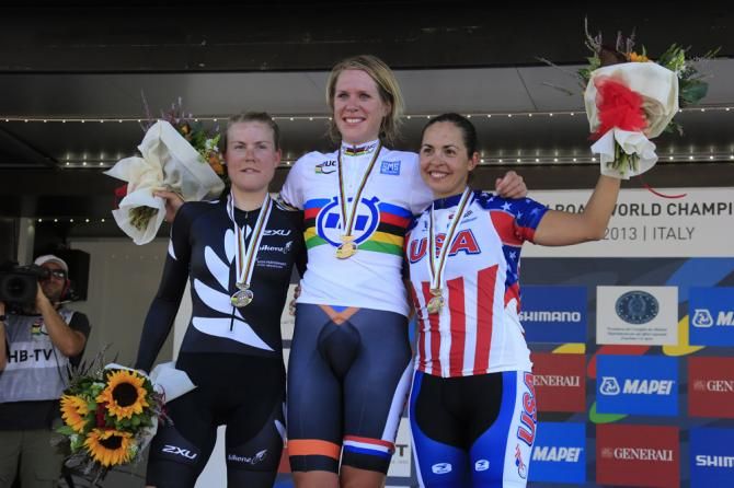 2013 elite women's time trial world championship podium (L-R): Linda Villumsen (New Zealand), Ellen Van Dijk (Netherlands) and Carmen Small (United States of America)