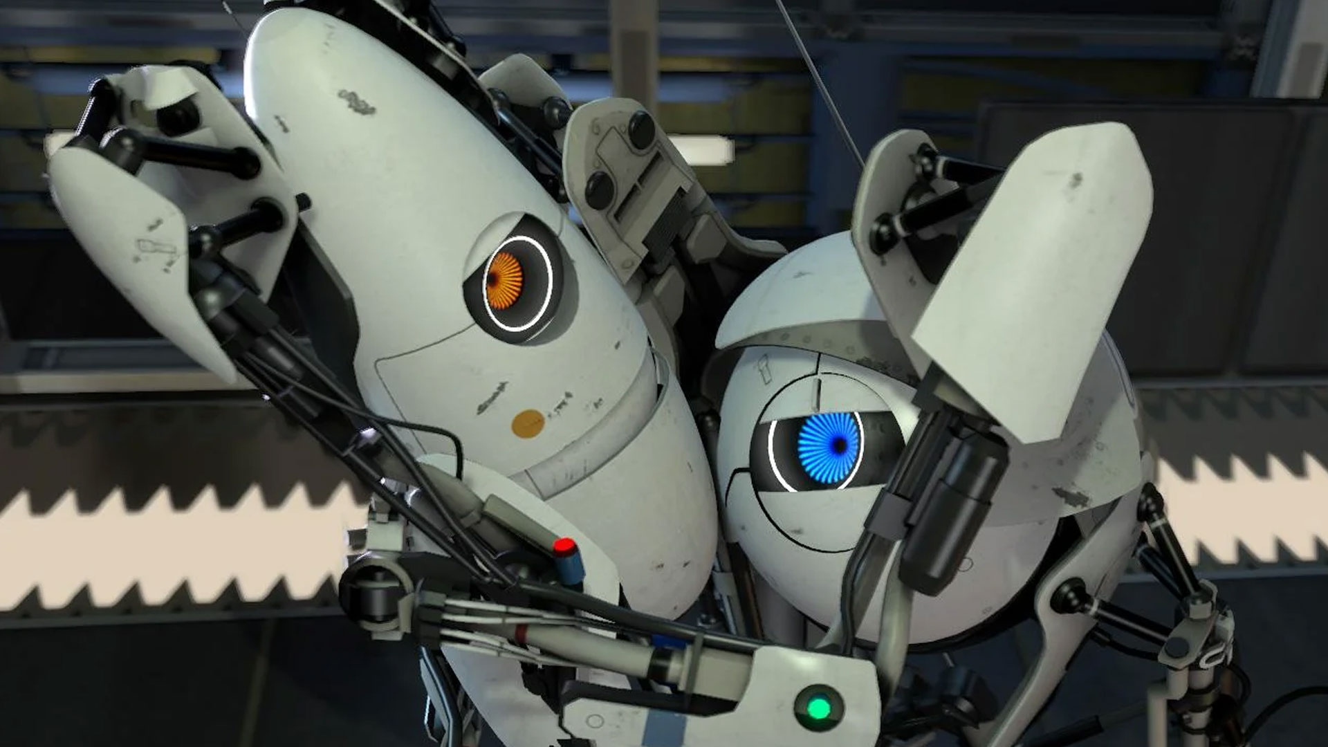 Two robots embrace in Portal 2