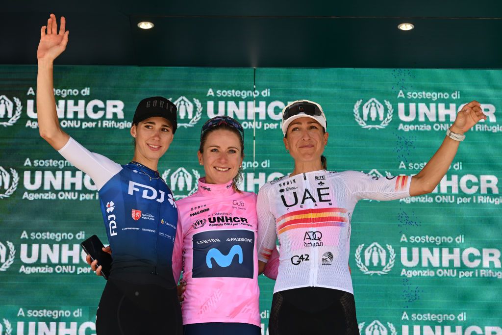 PADOVA ITALY JULY 10 LR Marta Cavalli of Italy and Team FDJ Nouvelle Aquitaine Futuroscope on second place race winner Annemiek Van Vleuten of Netherlands and Movistar Team and Margarita Victoria Garcia Caellas of Spain and UAE Team Adq on third place celebrate during the podium ceremony after the 33rd Giro dItalia Donne 2022 Stage 10 a 905km stage from Abano Terme to Padova GiroDonne UCIWWT on July 10 2022 in Padova Italy Photo by Dario BelingheriGetty Images