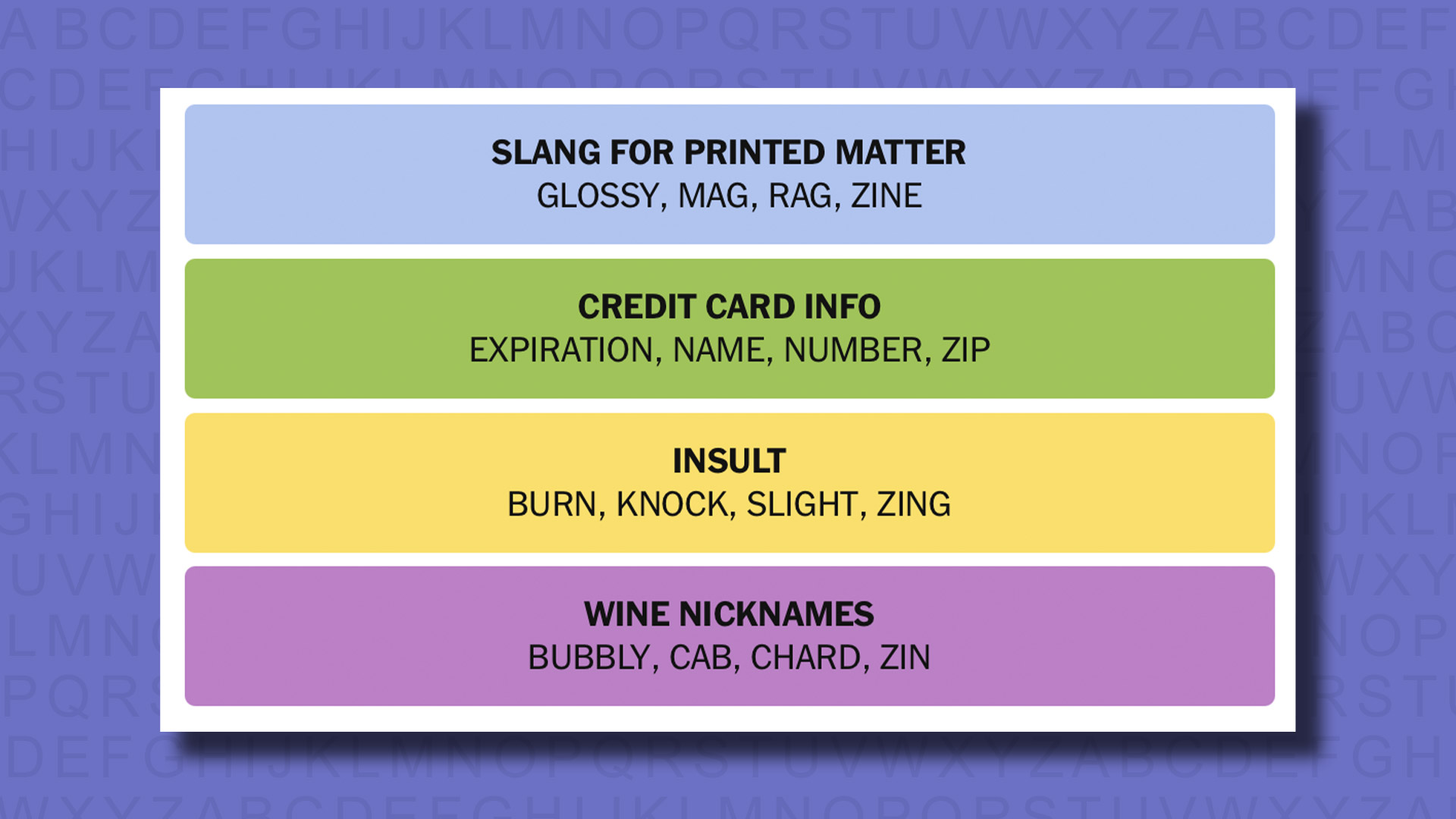 NYT Connections answers for game 763 on a purple background