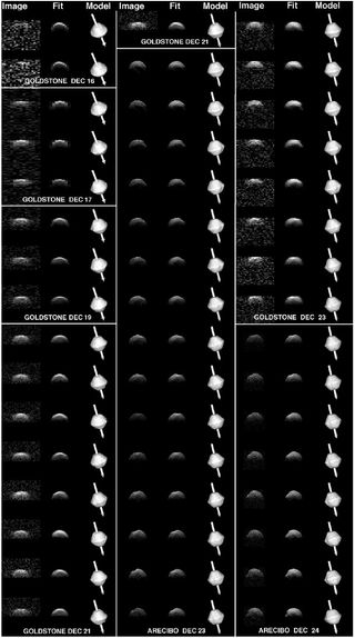 Radar images of the asteroid 2008 EV5 obtained in December 2008 using the dishes at NASA's Goldstone facility in California and the Arecibo Observatory in Puerto Rico.