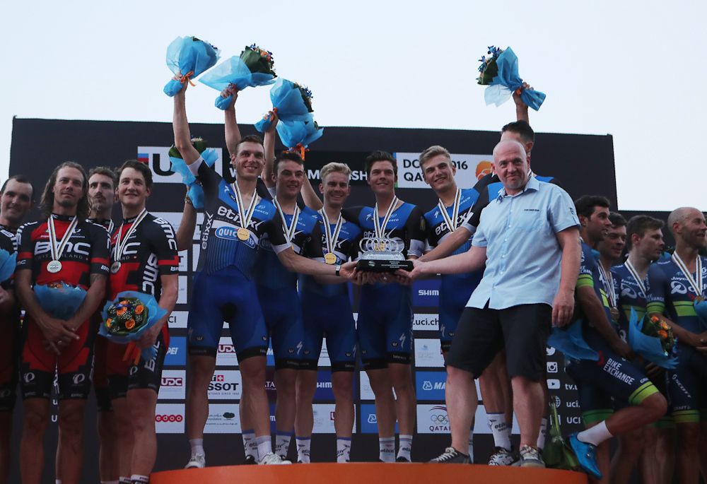 Etixx-QuickStep on the podium after winning the 2016 Worlds team time trial