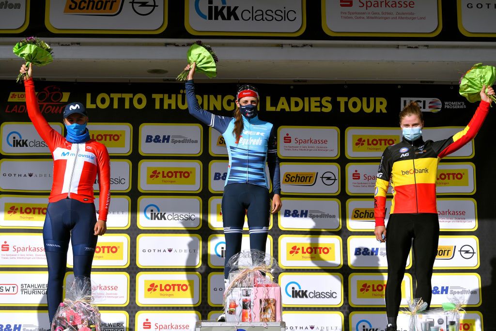 SCHLEIZ GERMANY MAY 27 Emma Norsgaard Jorgensen of Denmark and Movistar Team Lucinda Brand of Netherlands and Trek Segafredo Lotte Kopecky of Belgium and Team Belgium celebrate at podium during the 34th Internationale LOTTO Thringen Ladies Tour 2021 Stage 3 a 1165km stage from Schleiz to Schleiz ltlt2021 lottothueringenladiestour womencycling on May 27 2021 in Schleiz Germany Photo by Luc ClaessenGetty Images