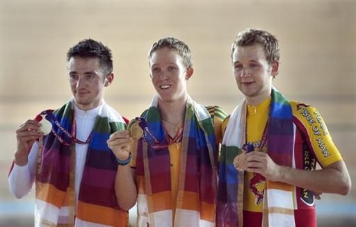 Men's points race podium (l-r): George Atkins (England), 2nd; Cameron Meyer (Australia), 1st; Mark Peter Christian (Isle of Man), 3rd