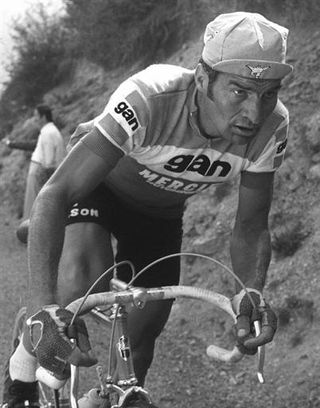 Raymond Poulidor in another incarnation of the Mercier jersey at the 1974 Tour.