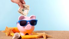 Pink piggy bank with beach items and money being put in 