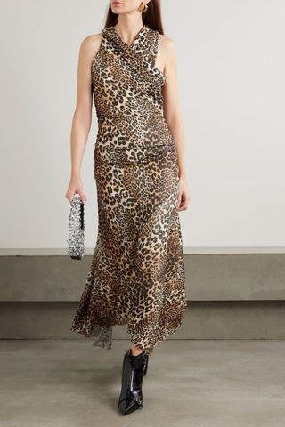 Ganni Asymmetric Draped Leopard-Print Stretch Recycled-Mesh Midi Dress