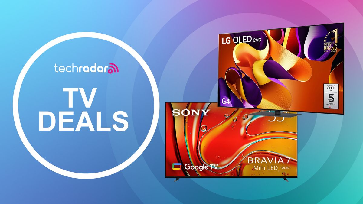 Sony Bravia 7 and LG G4 OLED with TechRadar logo and &quot;TV deals&quot; text