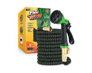 Flexi Hose Upgraded Extendable Garden Hose Pipe - 8 Function Spray Gun - Extra Strength & Solid Brass Fittings - No-Kink Flexible Water Hose for Spring/Summer (Green/Black,30 Metres)