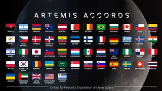 image showing the flags of 53 nations superimposed over a photo of the moon