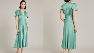 satin green bias cut dress