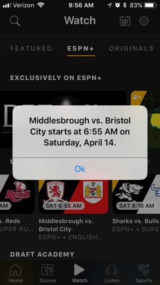 an upcoming game reminder in the ESPN Plus app
