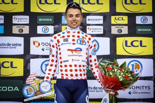 French Alexandre Delettre of TotalEnergies pictured on the podium after the first stage of 83th edition of the Paris-Nice cycling race, from and to Le Perray-en-Yvelines (156,5km), Sunday 09 March 2025. BELGA PHOTO DAVID PINTENS (Photo by DAVID PINTENS / BELGA MAG / Belga via AFP)