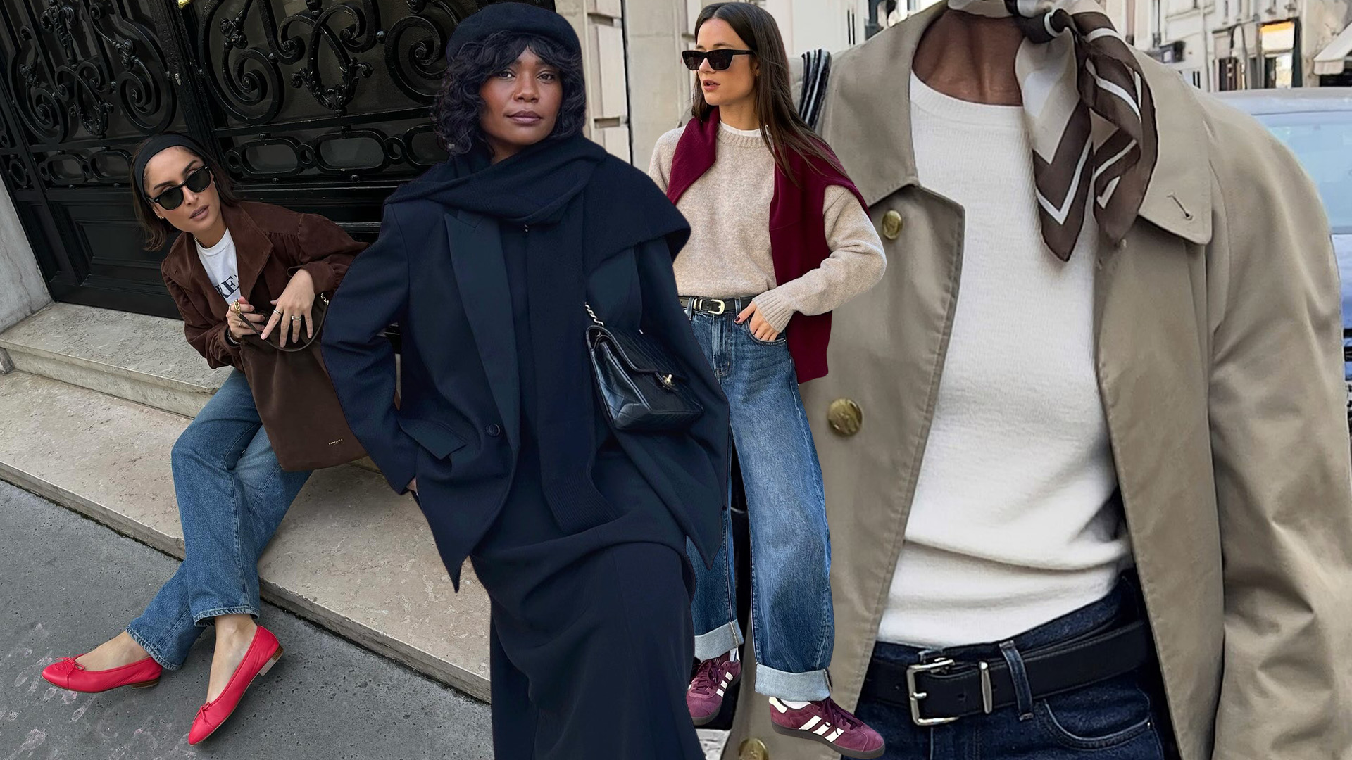 Collage of French women wearing stylish outfits.