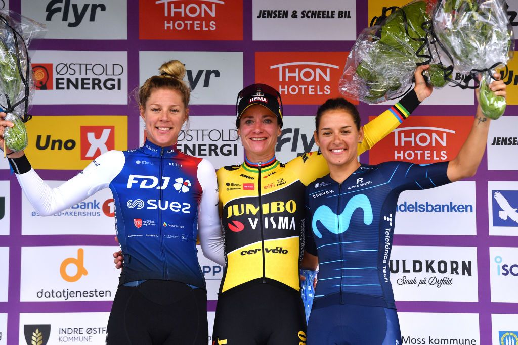 STROMSTAD SWEDEN AUGUST 10 LR Emilia Fahlin of Sweden and Team FDJ Nouvelle Aquitaine Futuroscope on second place stage winner Marianne Vos of Netherlands and Jumbo Visma Team and Barbara Guarischi of Italy and Movistar Team on third place pose on the podium ceremony after the 8th Tour of Scandinavia 2022 Battle Of The North Stage 2 a 1538km stage from Orust to Strmstad UCIWWT tourofscandinavia TOSC22 on August 10 2022 in Stromstad Sweden Photo by Luc ClaessenGetty Images