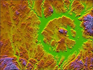 topographic image of Manicouagan Crater in Quebec.