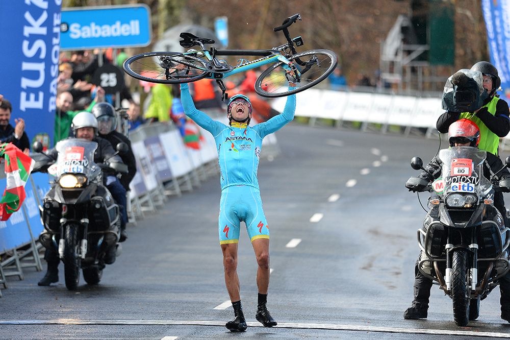 Diego Rosa (Astana) celebrates his 100km solo victory ride