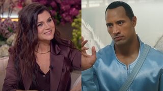 Tiffani Thiessen on The Jennifer Hudson Show/ Dwayne Johnson in Tooth Fairy (side by side)