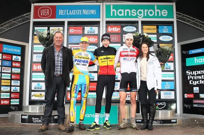Junior men's podium at Superprestige Ruddervoorde (L-R): Thijs Aerts, Yannick Peeters and Stijn Caluwe