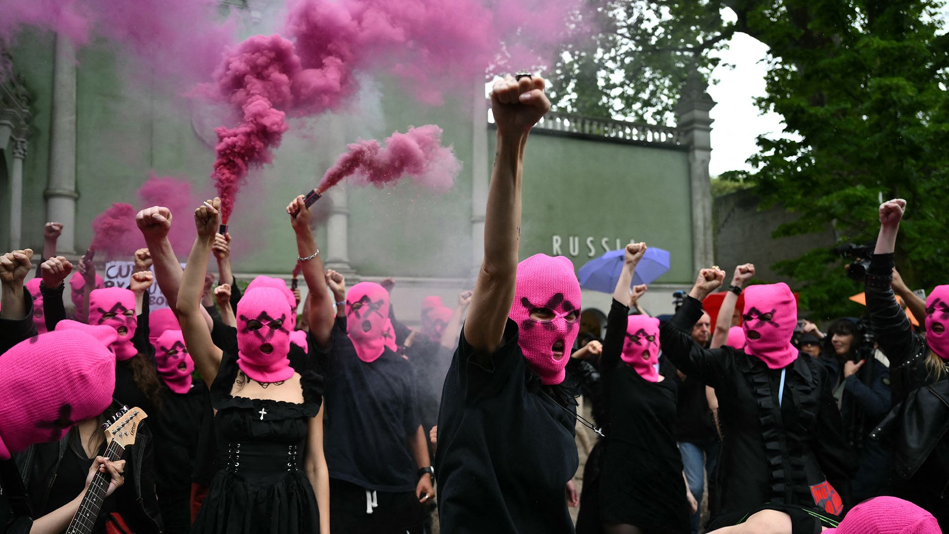
                                FEMEN activists and members of Russian punk rock group Pussy Riot demonstrate against the participation of Russia in the Venice Biennale art show in Venice, Italy
                            