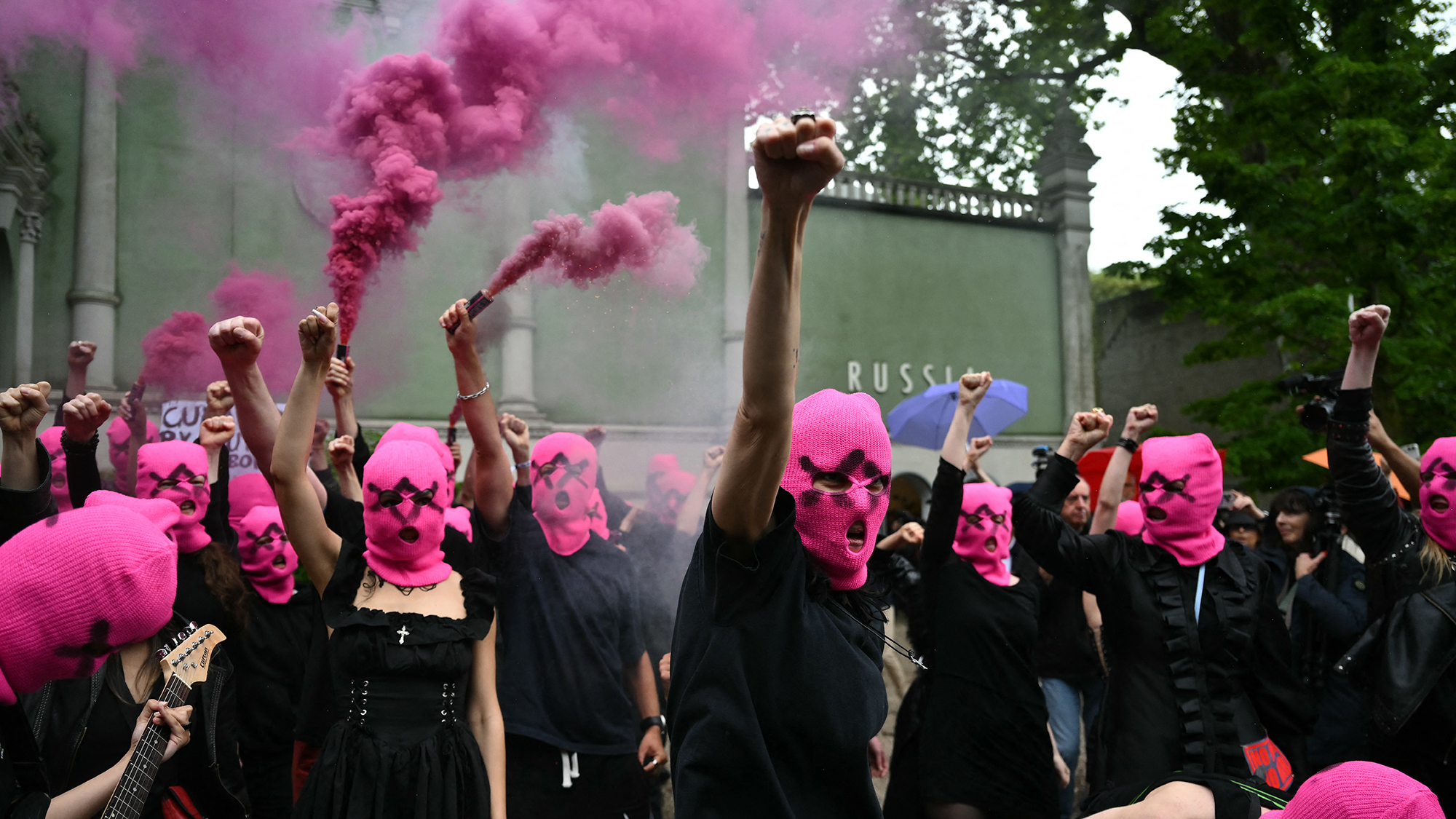 FEMEN activists and members of Russian punk rock group Pussy Riot demonstrate against the participation of Russia in the Venice Biennale art show in Venice, Italy