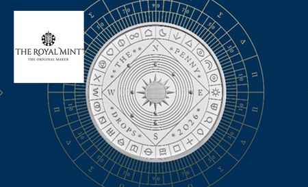 The royal mint logo top left with a coin that has shapes and symbols on it