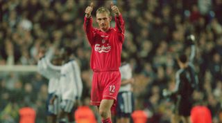 19 Nov 2000: Sami Hyypia of Liverpool signals to the crowd after the FA Carling Premiership match against Tottenham Hotspur at White Hart Lane in London, England. Tottenham Hotspur won the game 2 - 1. \ Mandatory Credit: Mark Thompson /Allsport