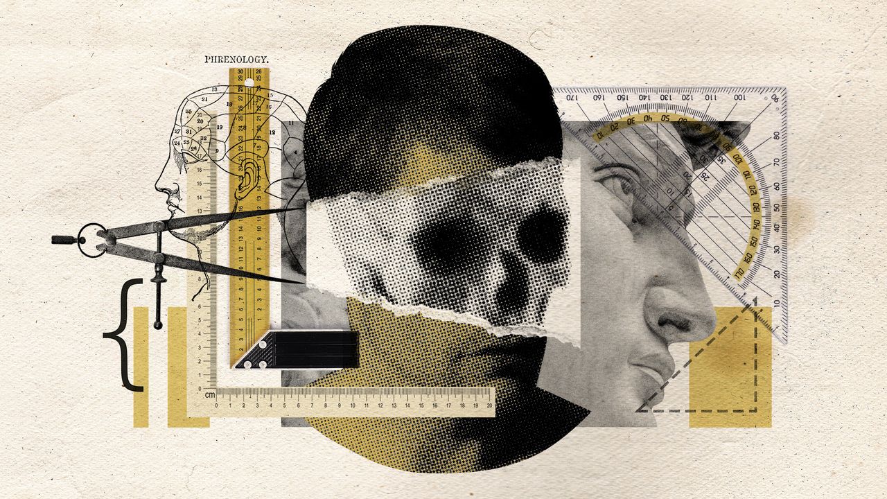 Photo collage of a man&#039;s face, overlaid with rulers and callipers. There is a torn section of the photo, revealing bone structure underneath. In the background, there is a photo of Michelangelo&#039;s David, and a vintage phrenology diagram.