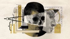 Photo collage of a man's face, overlaid with rulers and callipers. There is a torn section of the photo, revealing bone structure underneath. In the background, there is a photo of Michelangelo's David, and a vintage phrenology diagram.