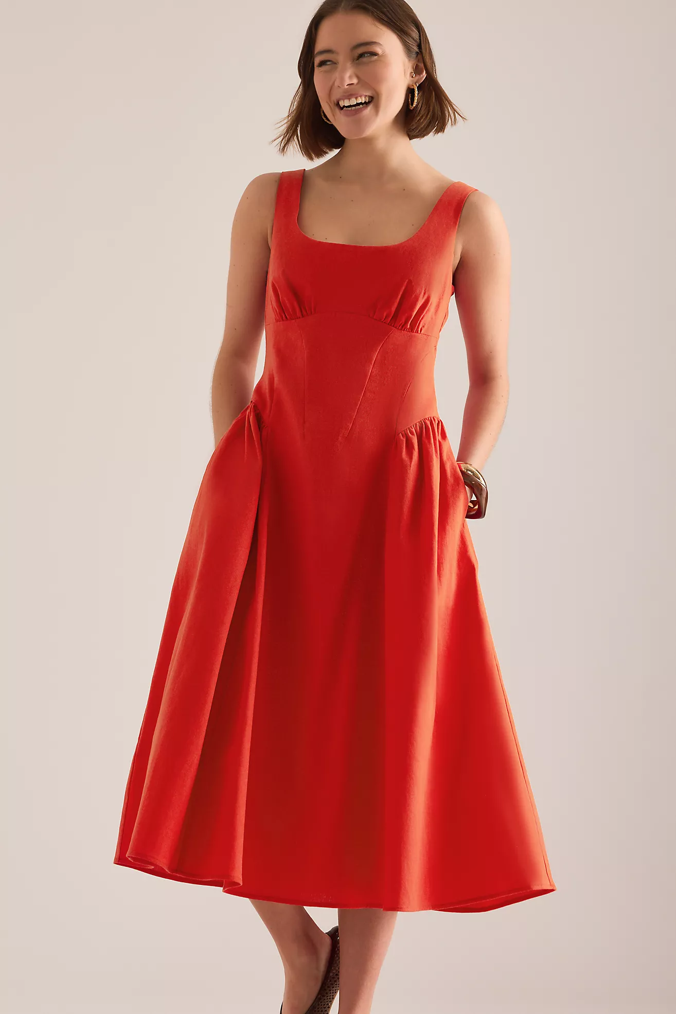 By Anthropologie Livy Cotton-Linen Hourglass Midi Dress