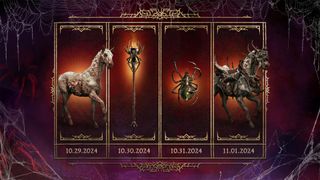 A graphic with four Diablo 4 cosmetics, including two horse mounts and cosmetic trophy accessories, framed with a gold border.