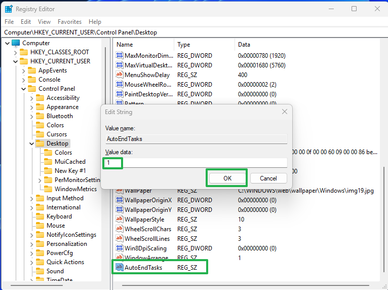 set AutoEndTasks to 1