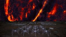 This composite image shows the red, radio-wave signature of the night sky soaring over the Murchison Widefield Array &mdash; a cutting-edge radio telescope in the Australian outback.
