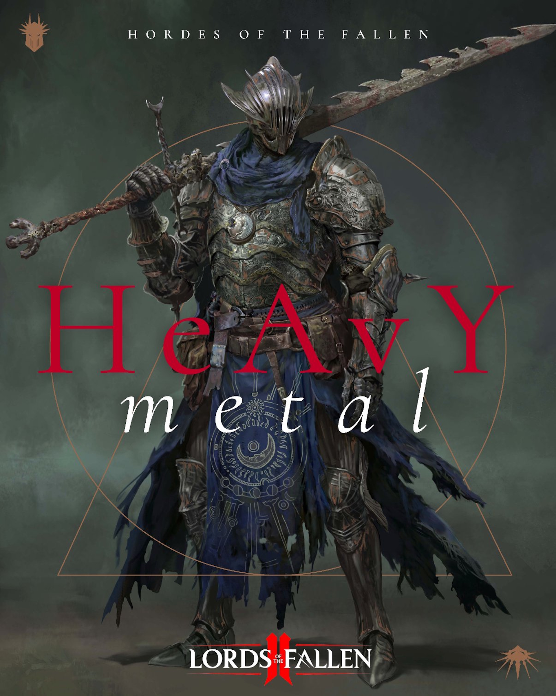 Lords of the Fallen 2 art of soldier with steel armor with blue accents and jagged greatsword