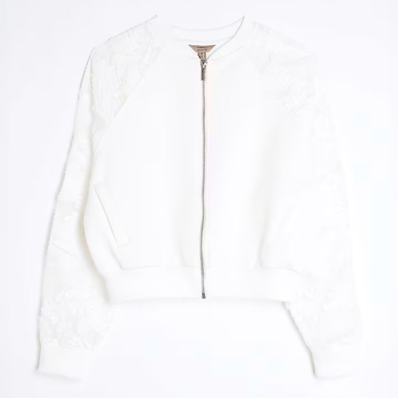 River Island , Cream Mesh Sleeve Bomber Jacket 