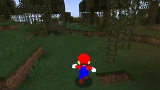 Mario's Super Mario 64 model running along grassy blocks in Minecraft.