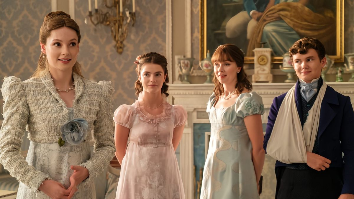 (L to R) Hannah Dodd as Francesca Bridgerton, Florence Hunt as Hyacinth Bridgerton, Claudia Jessie as Eloise Bridgerton, Will Tilston as Gregory Bridgerton in episode 304 of Bridgerton