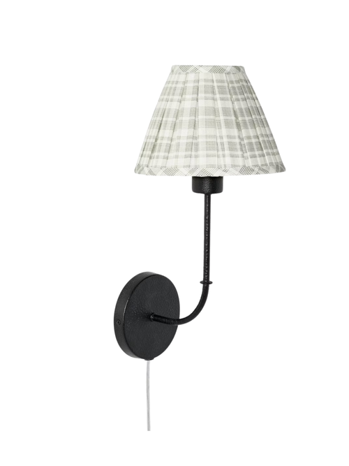 Wall Sconce With Green Pleated Plaid Shade