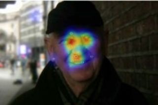 Eyetrackers can show where on a face someone’s attention focuses. The red areas were looked at the most.