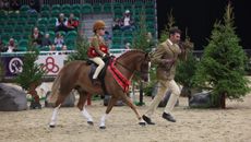 Isabel Burchell and Rowfantina Man Of The Match are lead from the ring by Oliver Burchell having been crowned lead-rein hunter pony champion.