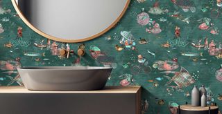 contemporary bathroom design with oval mirror on sea life wallpaper