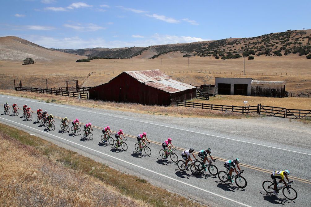 The 2018 Tour of California peloton is strung out on stage 3 between King City and Laguna Seca