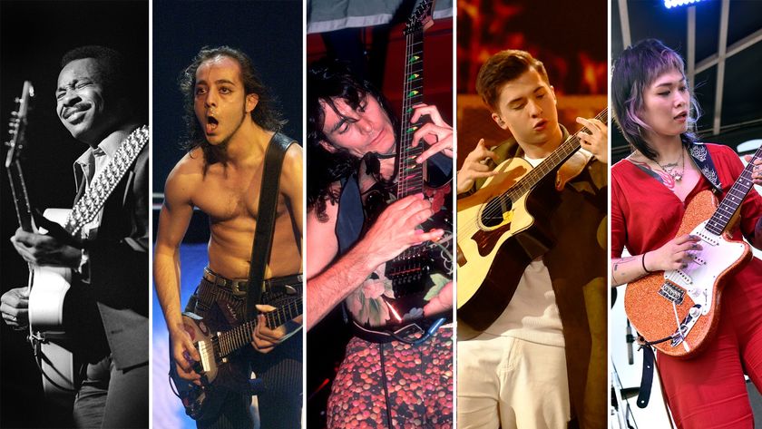(from left) George Benson, Daron Malakian, Steve Vai, Marcin, and Yvette Young wield Ibanez guitars onstage