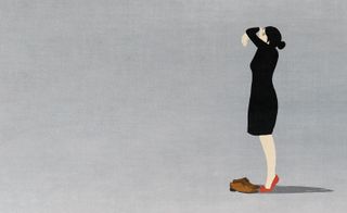 An illustration depicting a woman tiptoed and hugging nothing with a mand brown shoes at her feet. Captured against a blue background