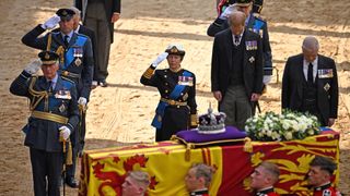 King Charles III, Prince William, Prince of Wales, Princess Anne, Princess Royal, Prince Harry, Duke of York and Prince Andrew, Duke of York follow the coffin of Queen Elizabeth II