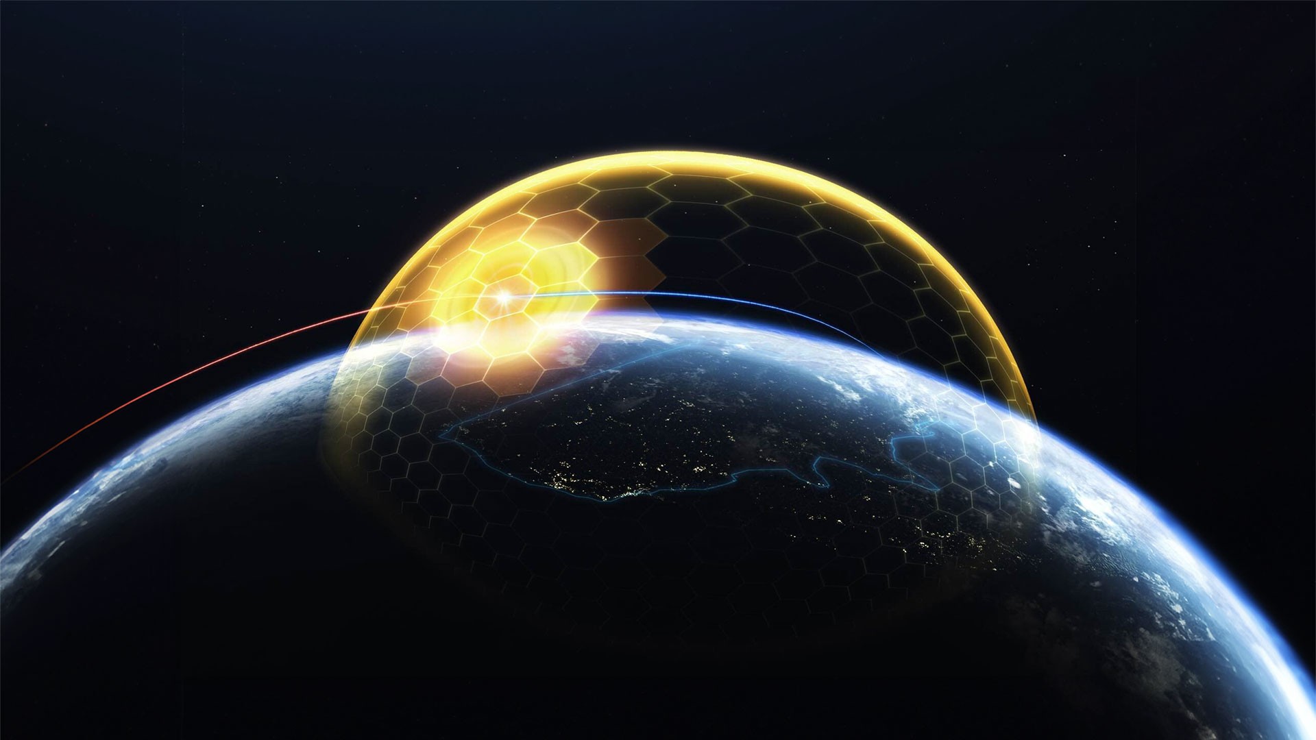 an illustration of earth, with a streak of light moving from left to right only to terminate in a bright flash as it impacts a dome made of transparent yellow hexagons