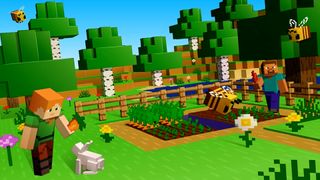 Minecraft art showing a farm-like area fenced in with crops growing, a green background with blocky trees surrounding in the background