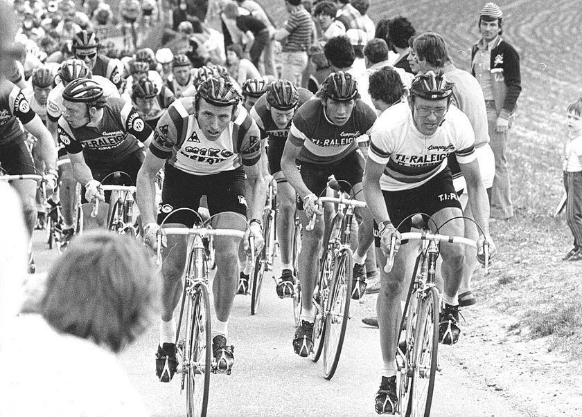 Gerrie Knetemann (r), the record holder for wins in the now-revived Tour of Holland, riding as World Champion in 1978&#039;s Amstel Gold Race