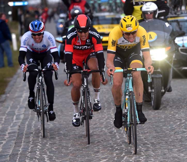 Sep Vanmarcke, Greg Van Avermaet and Zdenek Stybar ride together during Omloop Het Nieuwsblad