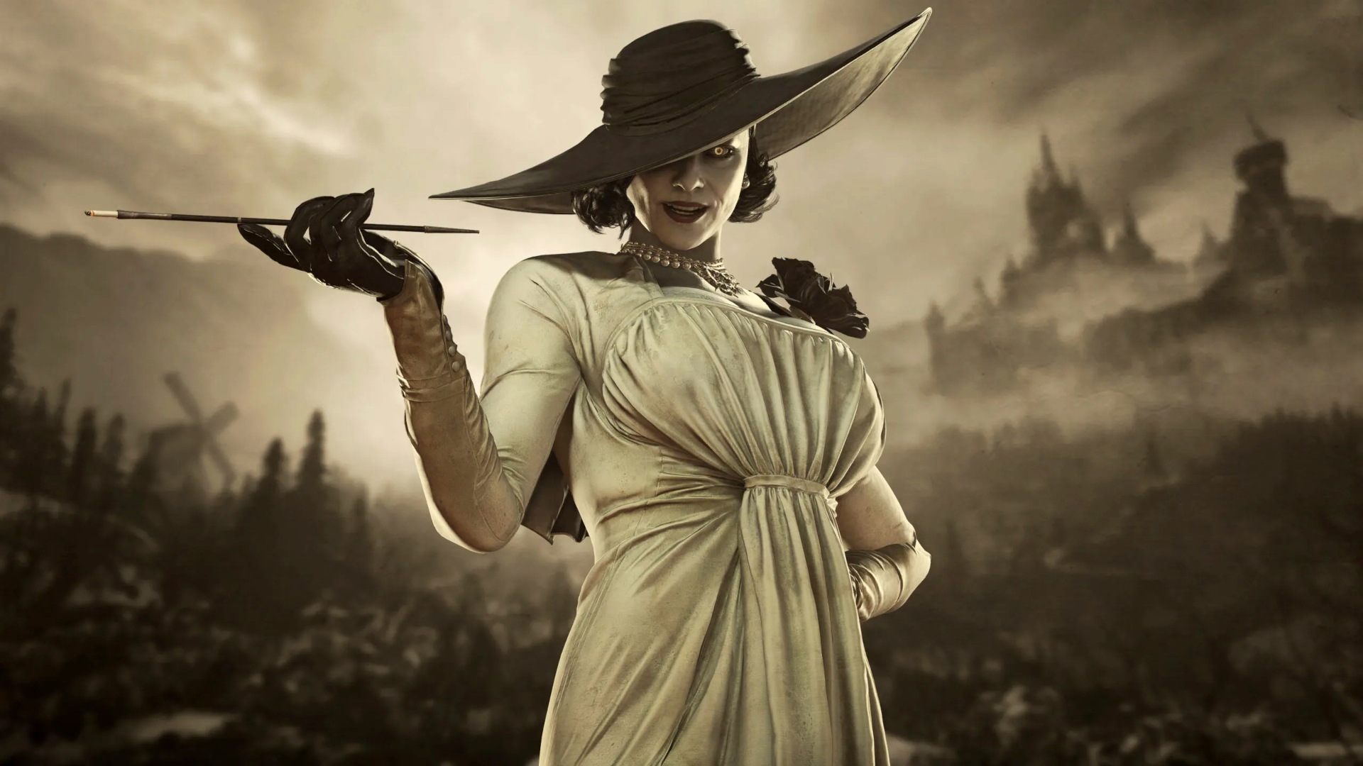 Lady Dimitrescu in Resident Evil Village holding a long cigar
